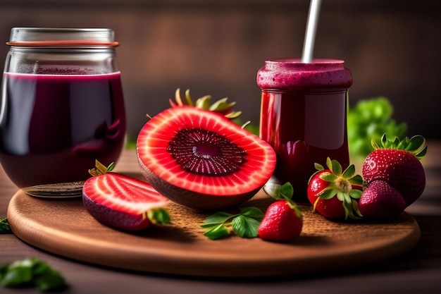 Una tabla de cortar de madera con un vaso de jugo de fresa y un vaso de jugo de fresa.