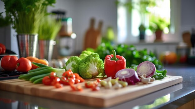 Tabla de cortar de madera con verduras frescas sobre un fondo de cocina