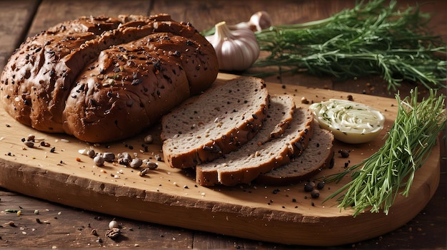 Foto una tabla de cortar con un pan y verduras en ella