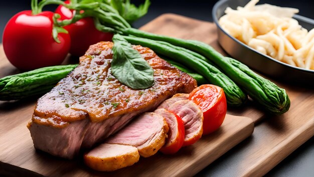 Una tabla de cortar con un plato de comida y verduras.