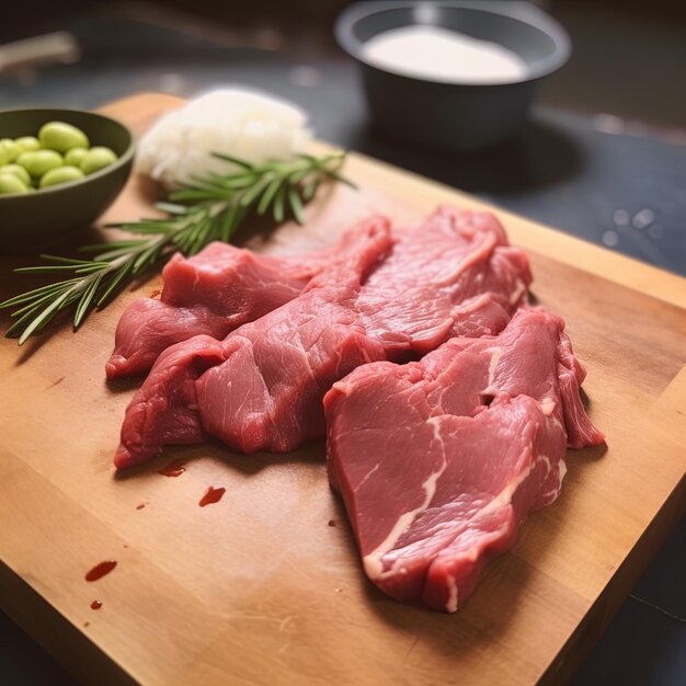 Foto una tabla de cortar con un poco de carne y un tazón de perejil