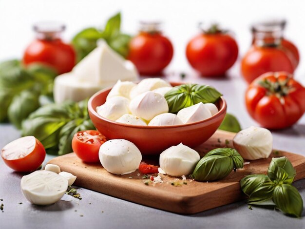 una tabla de cortar con queso y tomates en ella