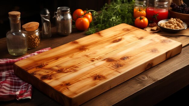 Foto tabla de cortar sobre una toalla en la vista superior de la mesa de cocina de madera