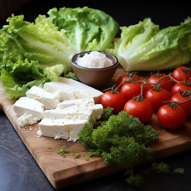 una tabla de cortar con tomates, queso y queso.