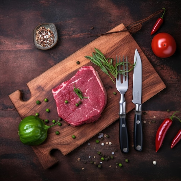 Una tabla de cortar con un trozo de carne y verduras.