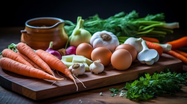 Una tabla de cortar con una variedad de ingredientes.