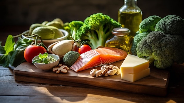 Una tabla de cortar con verduras, carne y verduras.