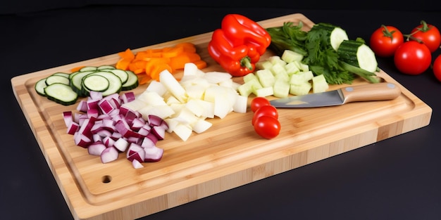 Una tabla de cortar con verduras y un cuchillo al lado.