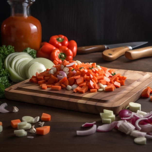 Foto una tabla de cortar con verduras y un cuchillo encima.