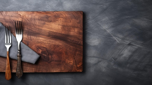 tabla de corte con cuchillo y tenedor sobre fondo de madera