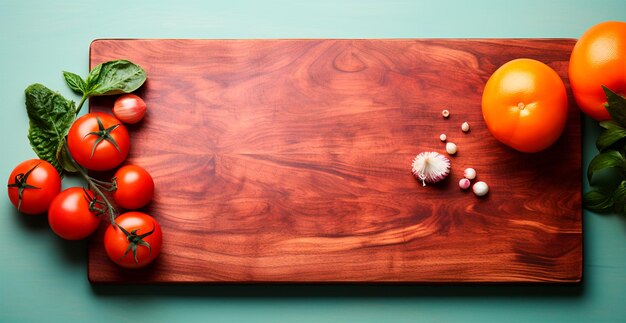 Tabla de corte de madera para cortar verduras y frutas en la cocina preparando alimentos imagen generada por IA