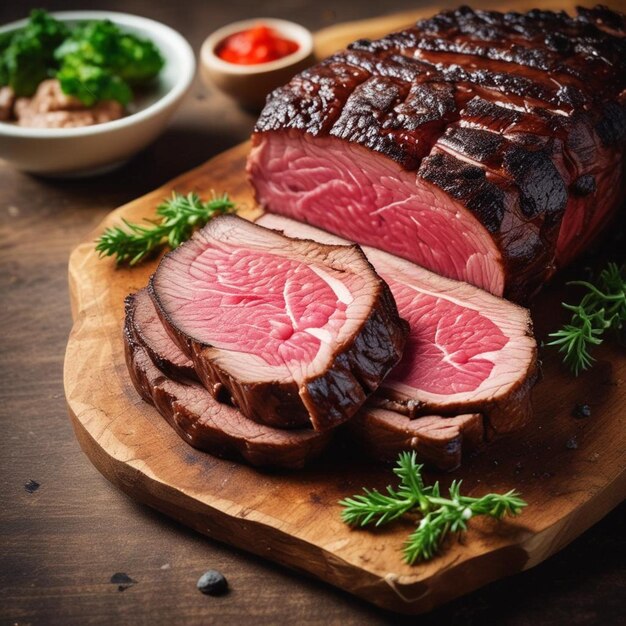 una tabla de corte de madera con un plato de bistec y verduras