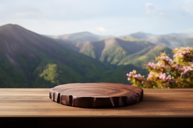 Tabla de corte de madera sobre mesa de madera para el producto de pie contra la naturaleza paisaje generativo ai