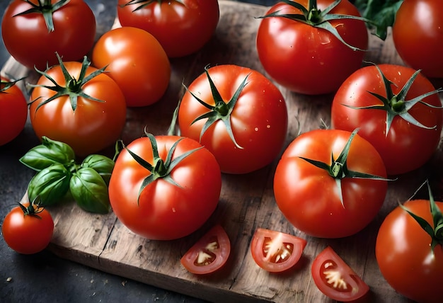 una tabla de corte de madera con tomates y pimientos verdes en ella