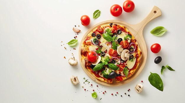 Foto tabla de corte redonda con ingredientes de pizza en fondo blanco vista superior ia generativa
