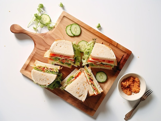 Tabla de corte con sándwiches con verduras y queso en la mesa blanca