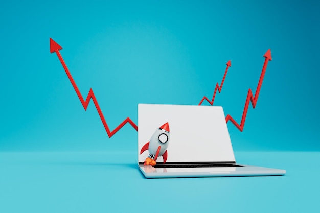 Tabla de crecimiento de ganancias en línea portátil despegando cohetes y gráficos de flechas rojas sobre un fondo azul