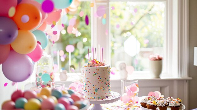 Tabla de cumpleaños o barra de caramelos con dulces Pastel de cumpleañas y pasteles hermosa celebración de la fiesta