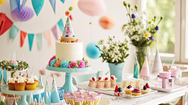 Tabla de cumpleaños o barra de dulces con dulces Pastel de cumpleaños y cupcakes hermosa celebración de la fiesta