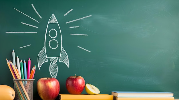 Tabla con dibujo de cohete que simboliza el crecimiento y el aprendizaje Concepto educativo con libros y manzana Creatividad en el aula de vuelta a la escuela IA