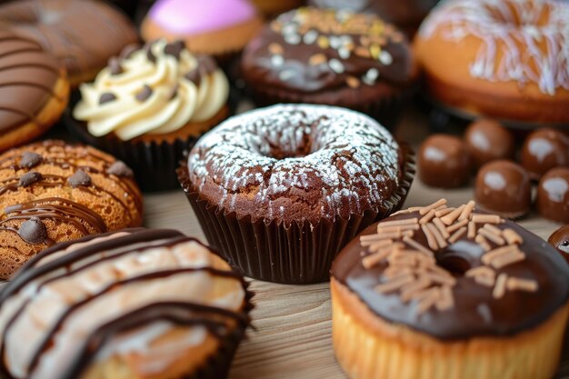 Tabla de dulces de cerca Exhibición de deliciosos postres rosquillas muffins pasteles y pasteles de chocolate