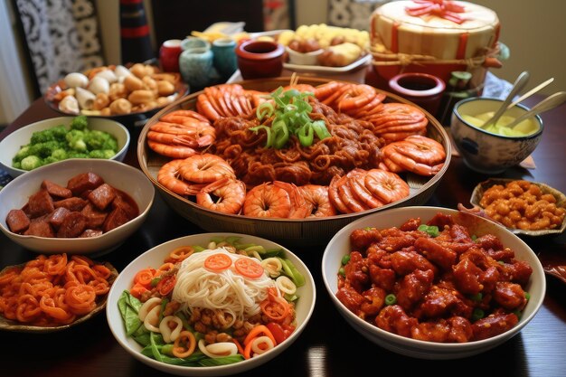 Tabla de fiesta del año nuevo chino sobre fondo rojo comida tradicional del año nuevo lunar ai generada