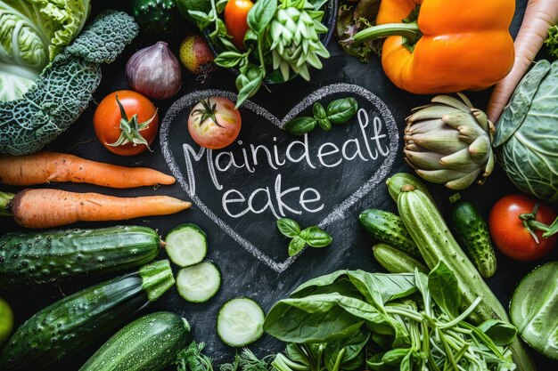 Tabla en forma de corazón con texto de alimentación consciente en verduras crudas