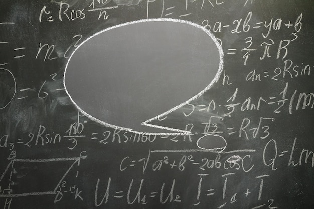Tabla con fórmulas matemáticas en tiza y burbuja de pensamiento vacía con espacio de copia