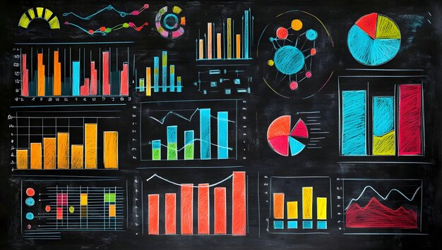 Tabla con gráficos y gráficos de colores para el análisis de datos de marketing