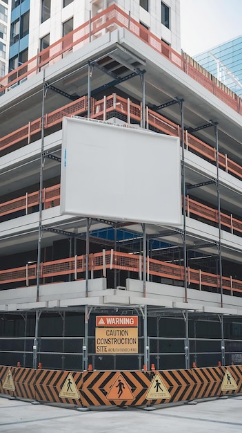 Tabla de información en blanco colgada en los andamios alrededor del nuevo edificio en construcción advierte
