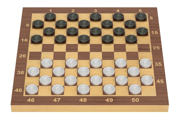 Tabla de juego internacional de damas y piezas renderización 3D