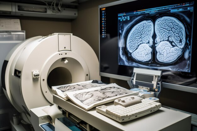 Tabla de laboratorio de investigación de la enfermedad de Alzheimer con fotografía de resonancia magnética del cerebro enfermo de Alzheimer