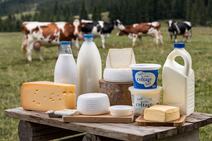 una tabla con leche y productos lácteos, incluidas las leche lechería y productos lecheros