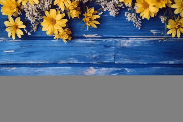 Una tabla de madera azul con flores.