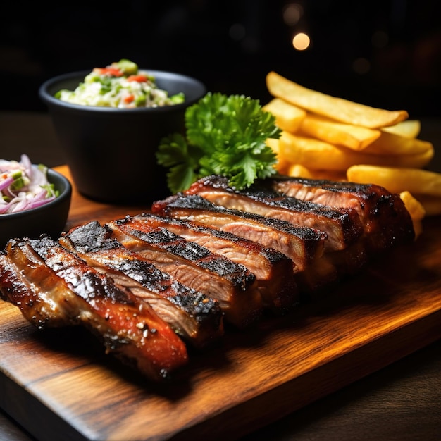 Una tabla de madera con bistec y papas fritas y un plato de ensalada de col al lado.