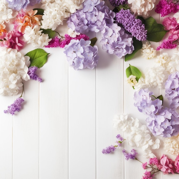 Una tabla de madera blanca con flores y hojas moradas y rosas.