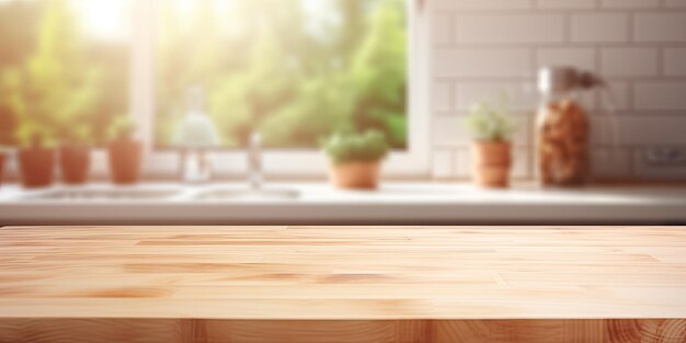 Foto tabla de madera blanqueada borrosa de la cocina de verano de la ventana de fondo