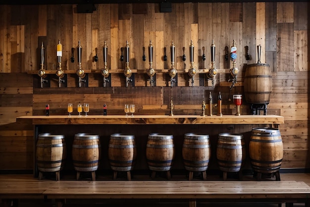 Una tabla de madera en una cervecería con barriles y grifos de cerveza