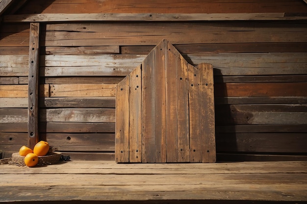 Una tabla de madera contra un granero rústico en un entorno agrícola