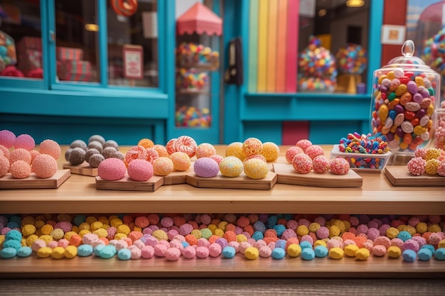 Tabla de madera contra una tienda de dulces de colores