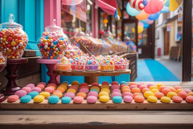 Tabla de madera contra una tienda de dulces de colores