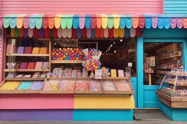 Tabla de madera contra una tienda de dulces de colores