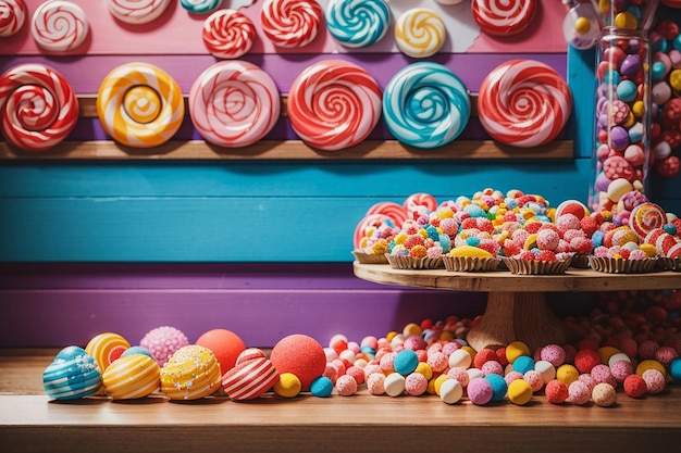 Tabla de madera contra una tienda de dulces de colores