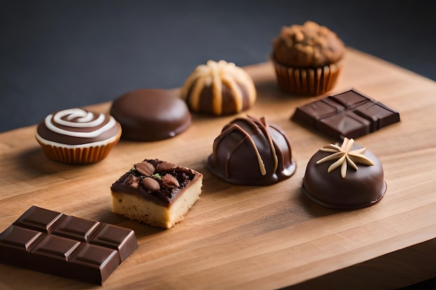 Una tabla de madera con diferentes tipos de chocolates y uno de ellos está etiquetado como 'chocolate'