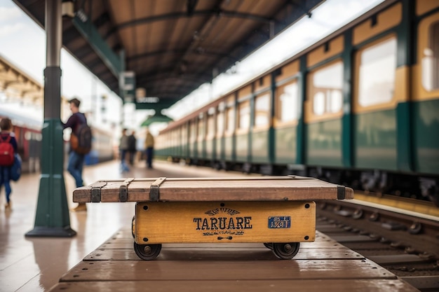 Una tabla de madera en una estación de tren vintage con un engranaje de viaje de tren desenfocado