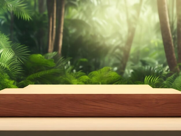 Tabla de madera con fondo de naturaleza de bosque tropical borroso plantilla de exhibición de presentación de productos