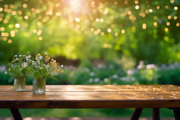 Tabla de madera con fondo de naturaleza desenfocada