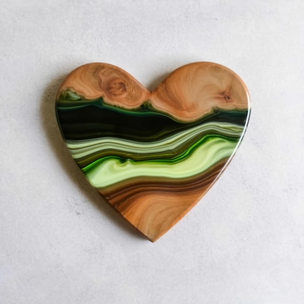 Tabla de madera en forma de corazón decorada con resina en tonos verdes