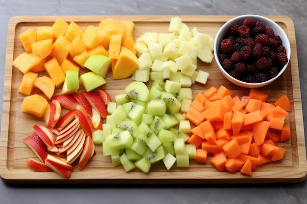 Tabla de madera con frutas picadas para ensalada de desintoxicación