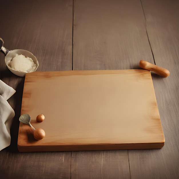 una tabla de madera con huevos y una taza de crema en ella